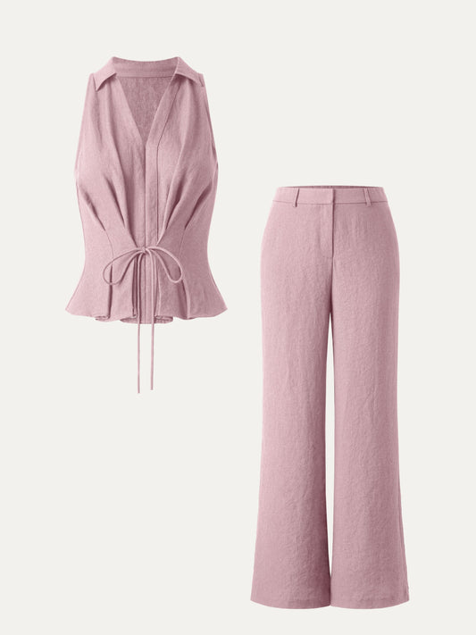 Conjunto de 2 piezas: top sin mangas con cuello en V y pantalón acampanado de tiro medio con bolsillos