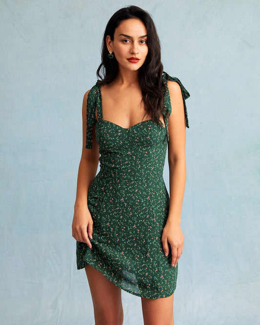 The green floral sweetheart neckline mini slip dress