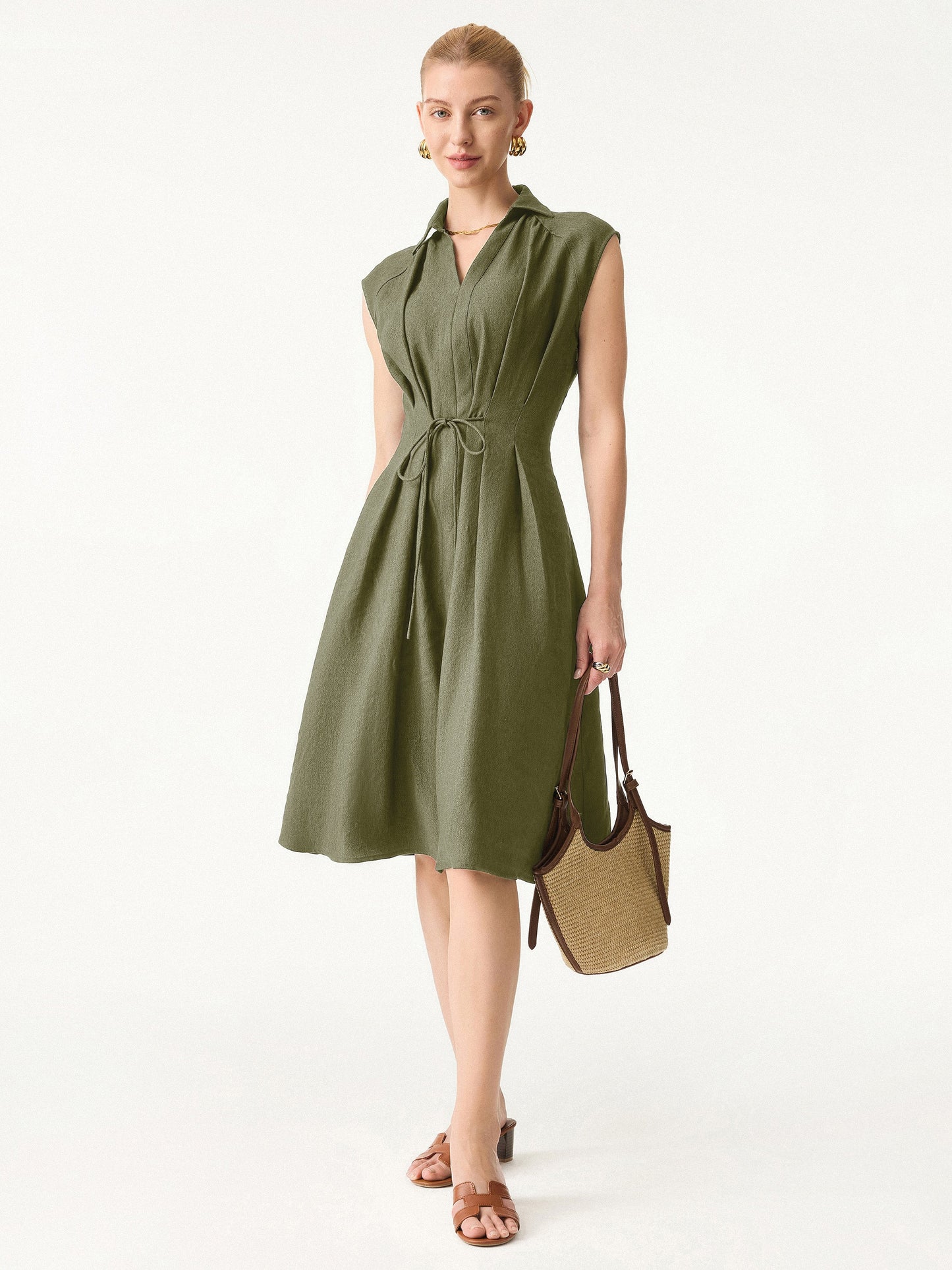 Vestido midi de mezcla de viscosa y lino con cuello, escote en V y cordón ajustable