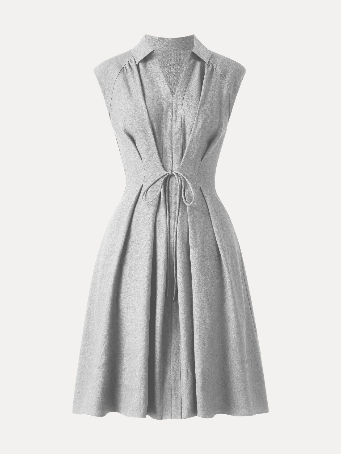 Vestido midi de mezcla de viscosa y lino con cuello, escote en V y cordón ajustable