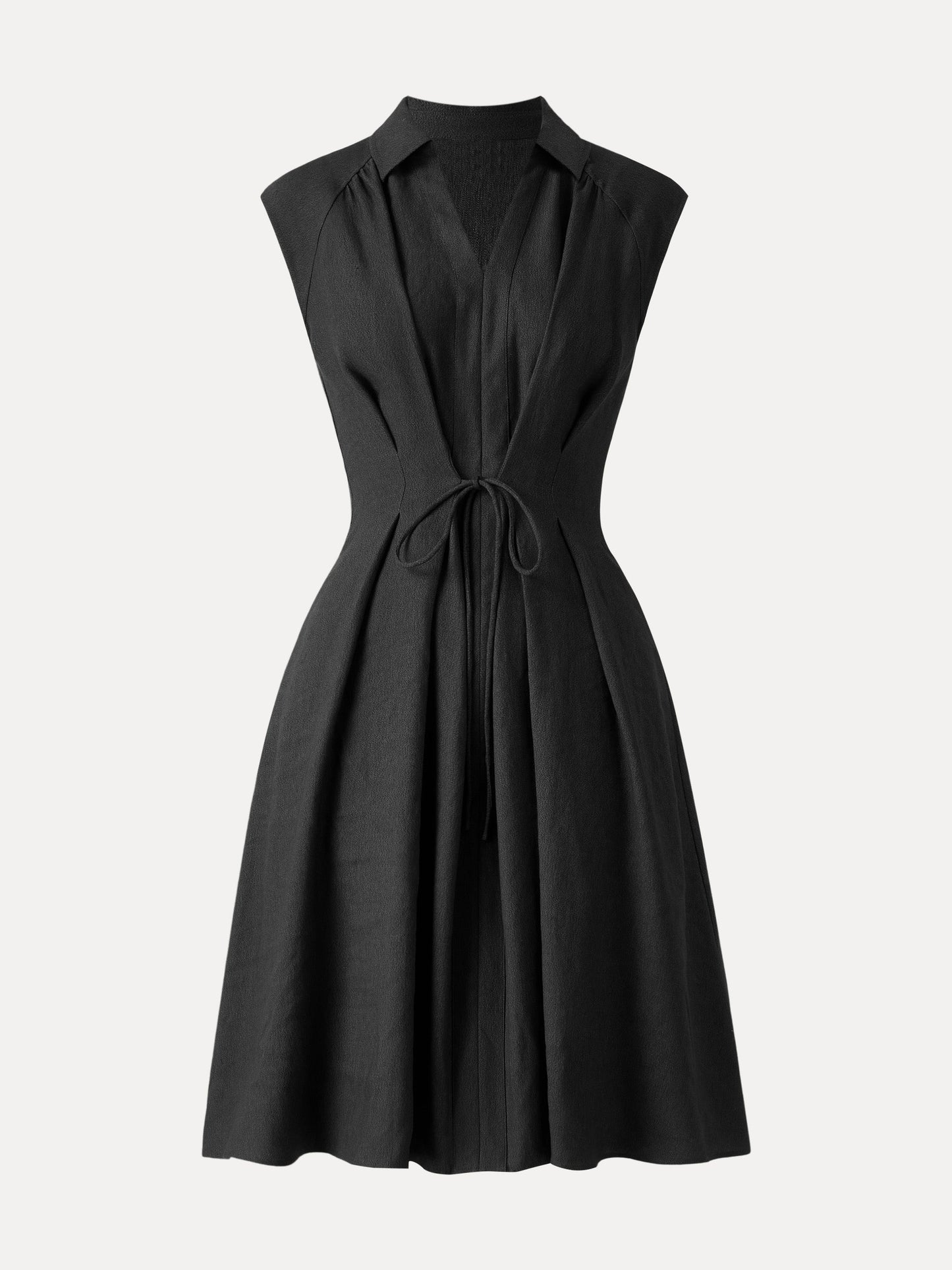 Vestido midi de mezcla de viscosa y lino con cuello, escote en V y cordón ajustable
