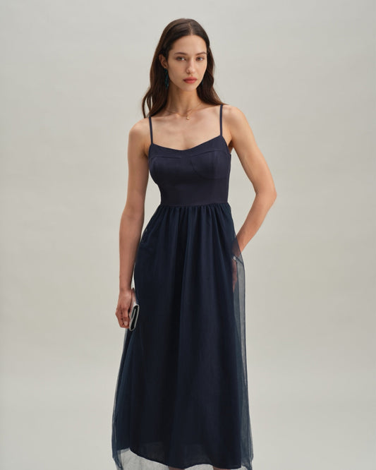Blue slip maxi dress with ruching and flare