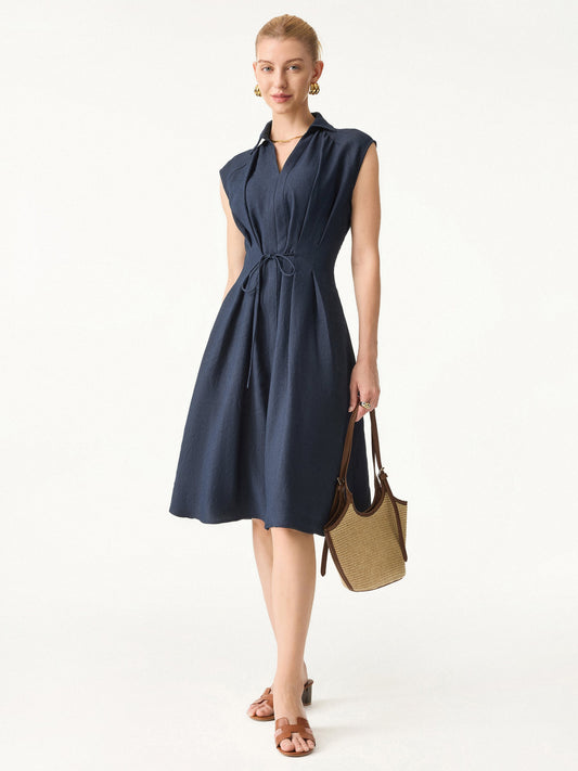Viscose and linen blend midi dress with collar, V-neck, and adjustable drawstring