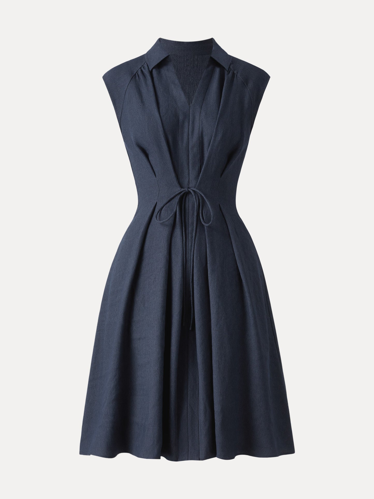 Vestido midi de mezcla de viscosa y lino con cuello, escote en V y cordón ajustable