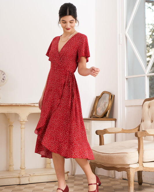 The polka dot ruffled wrap dress