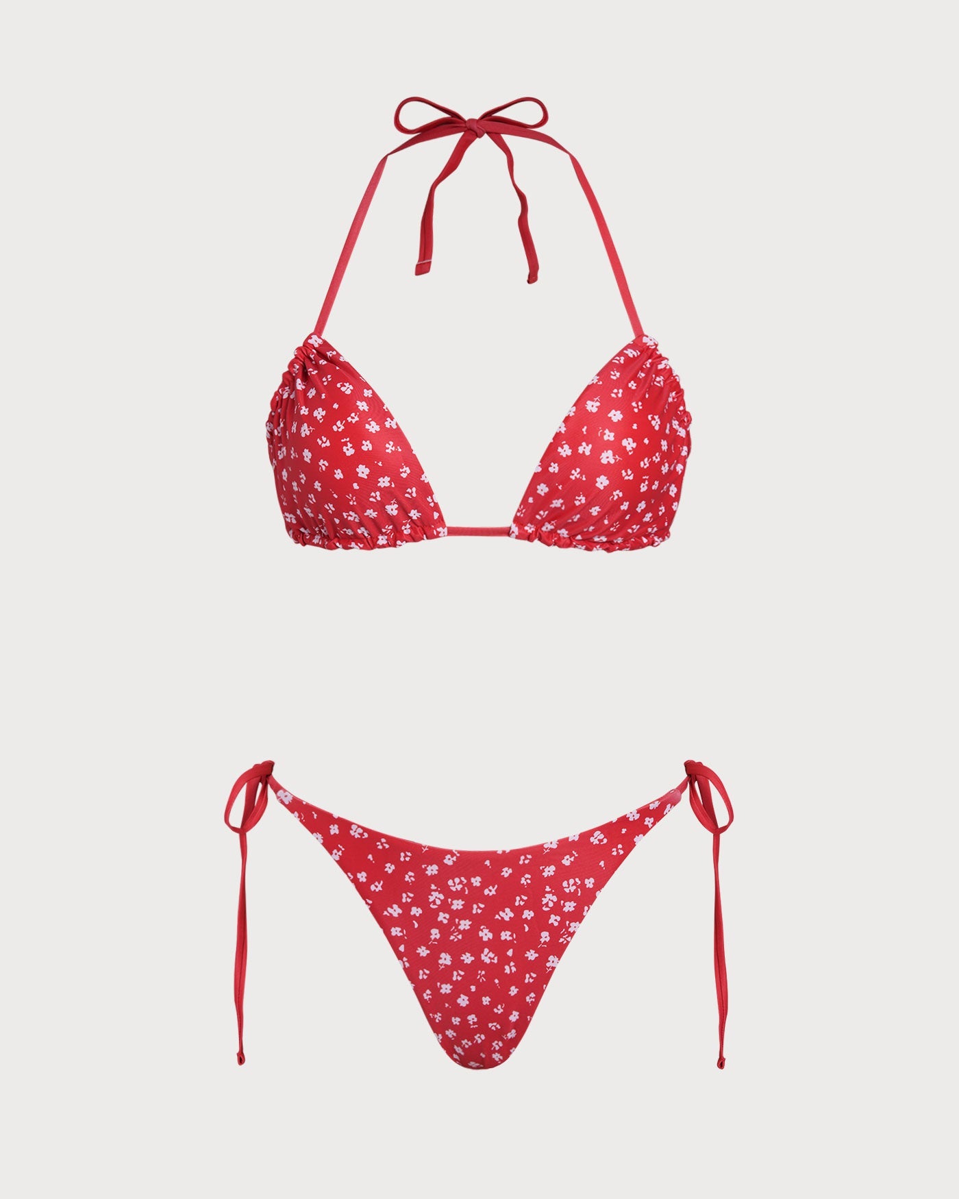 Conjunto de Bikini Triángulo con Cordón y Estampado Floral Rojo