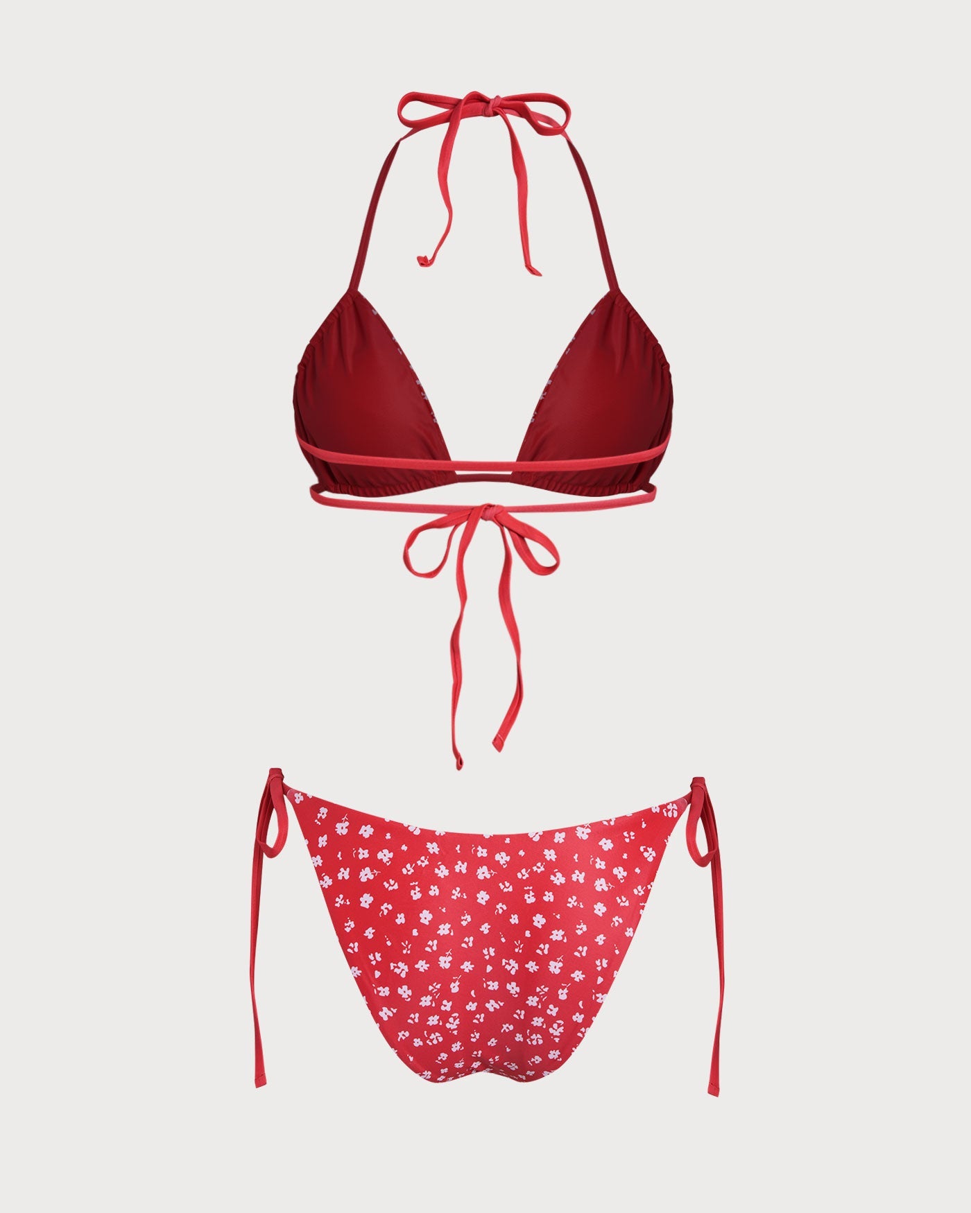 Conjunto de Bikini Triángulo con Cordón y Estampado Floral Rojo