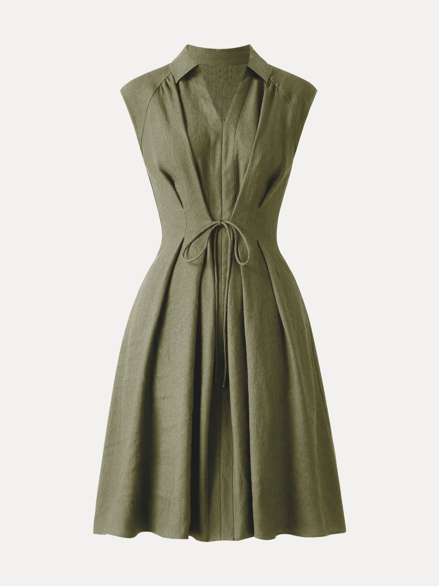 Vestido midi de mezcla de viscosa y lino con cuello, escote en V y cordón ajustable