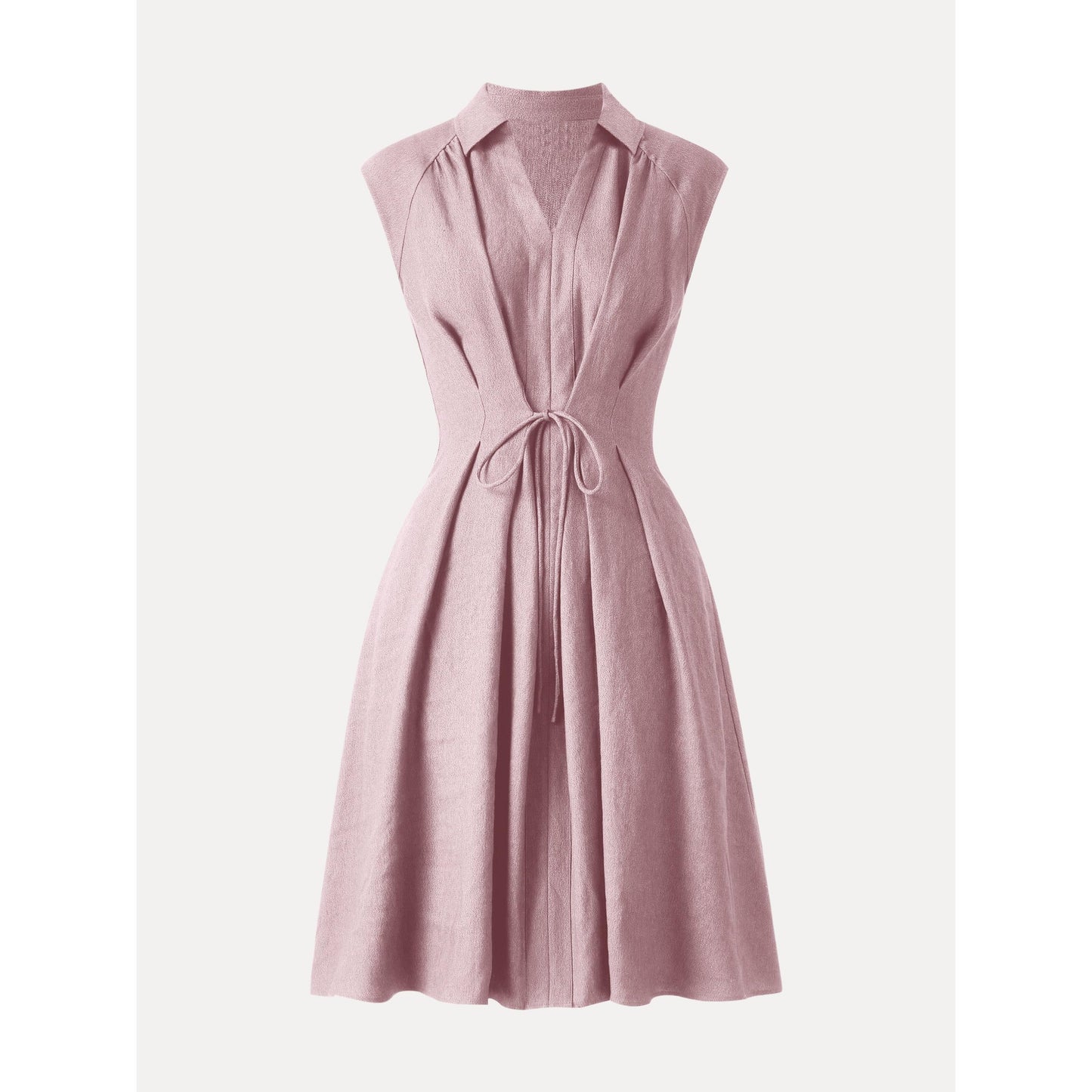 Vestido midi de mezcla de viscosa y lino con cuello, escote en V y cordón ajustable