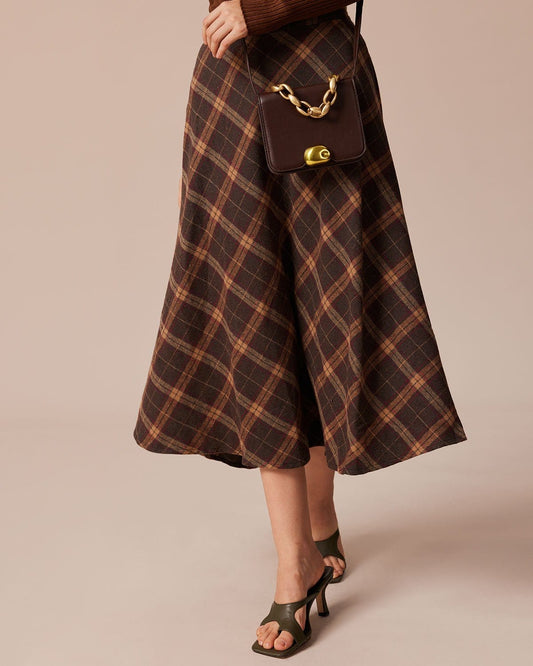 Brown check print A-line midi skirt with elasticated waist