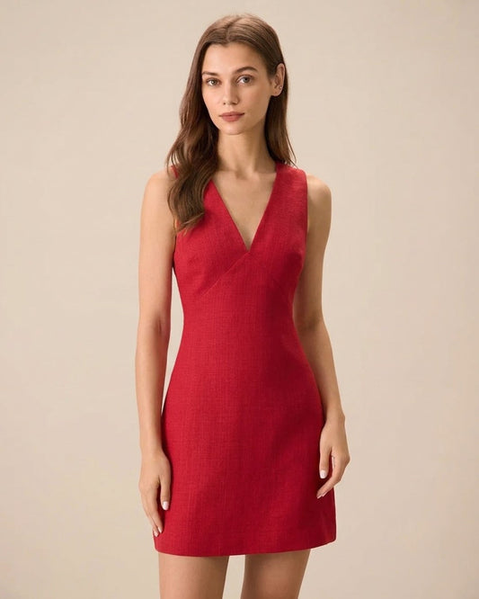 The red V-neck linen sleeveless mini dress