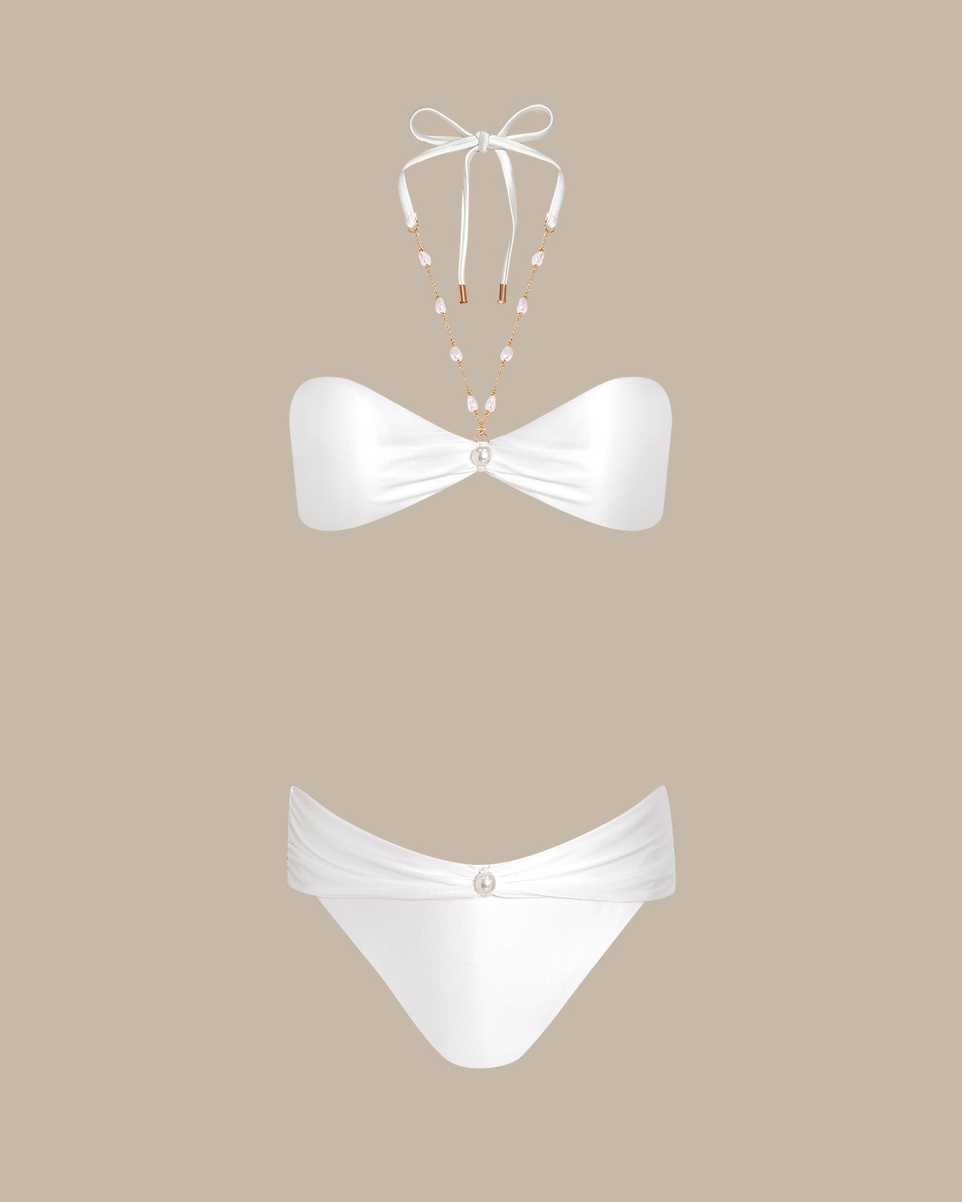 Conjunto de bikini blanco de triángulo con pedrería y cuello halter