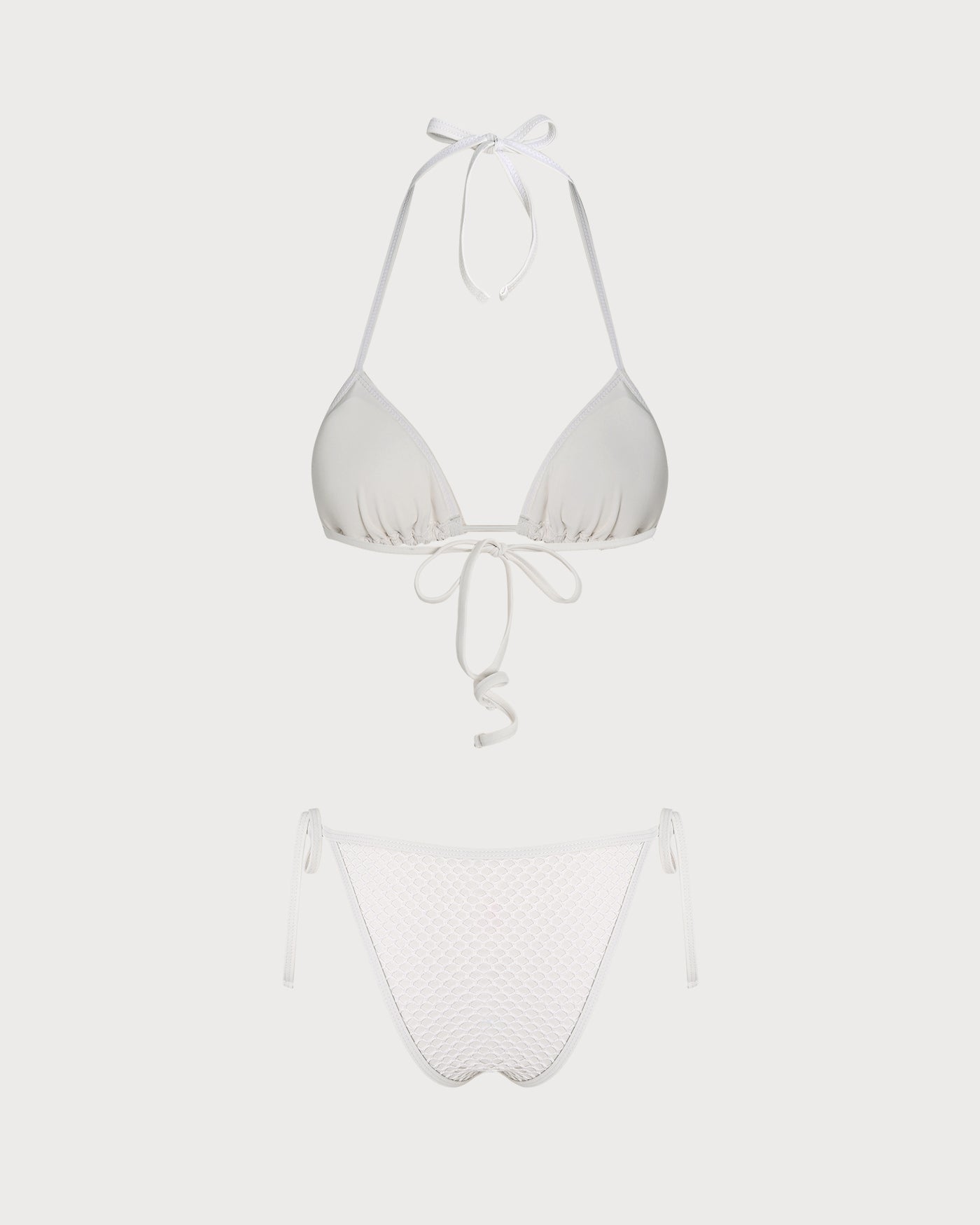 Conjunto de Bikini Triángulo con Lazos en el Cuello y Pedrería Blanco