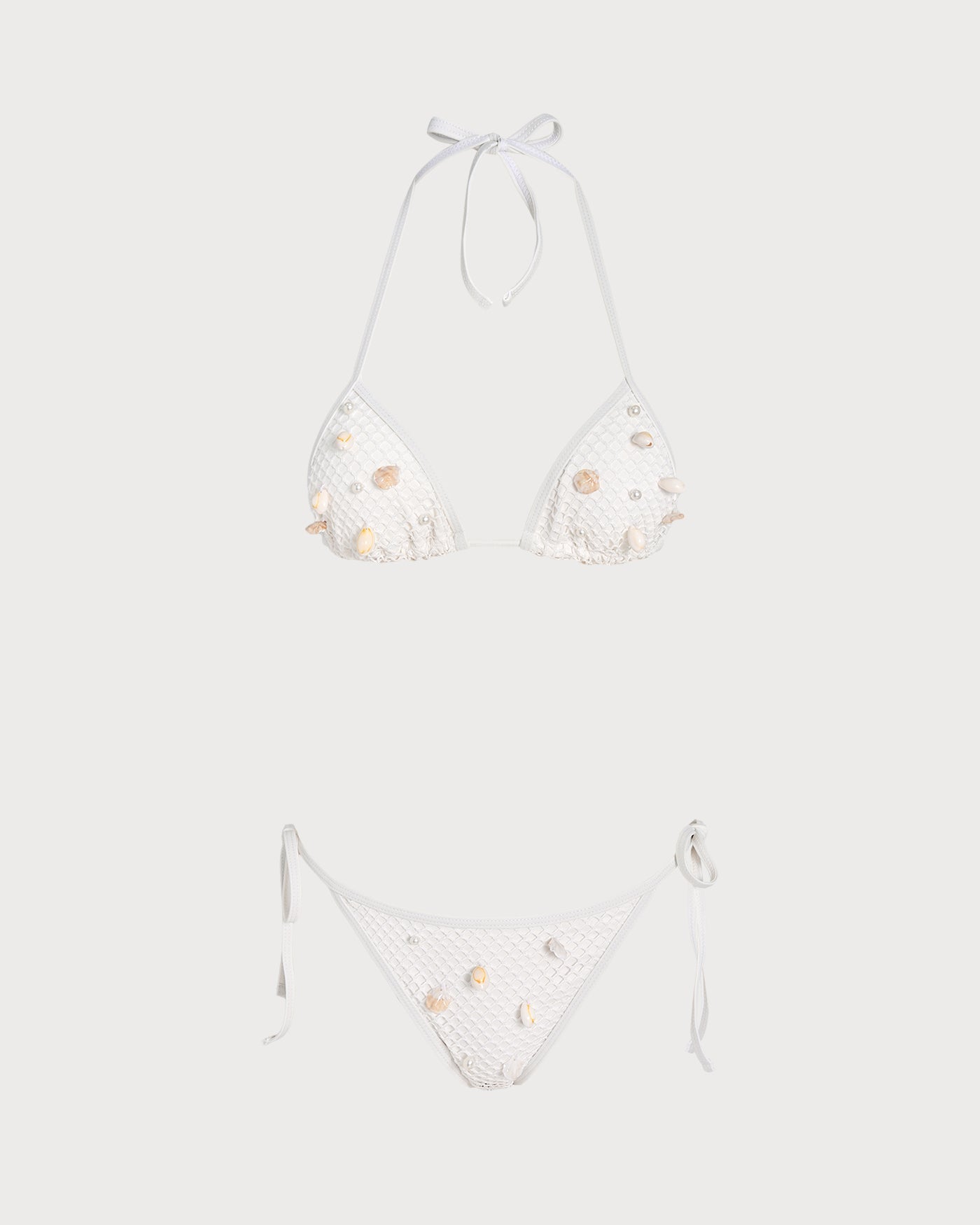 Conjunto de Bikini Triángulo con Lazos en el Cuello y Pedrería Blanco