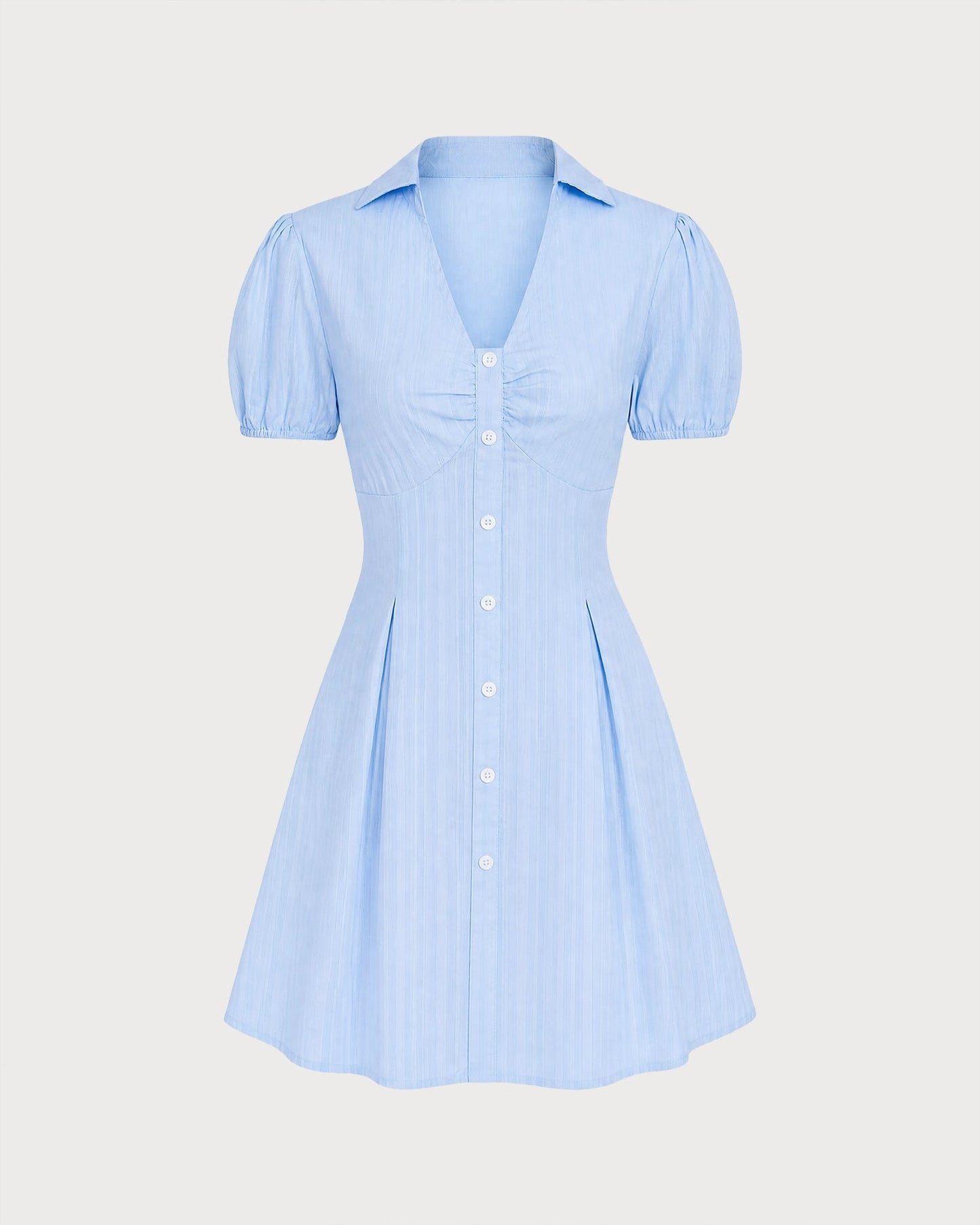 Vestido Mini Azul de Manga Abullonada con Botones