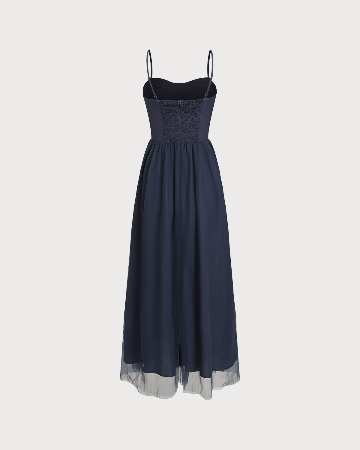 Vestido largo tipo slip azul con fruncido y vuelo