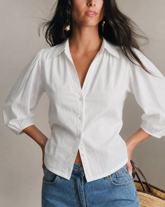 Solid white collared button-down shirt
